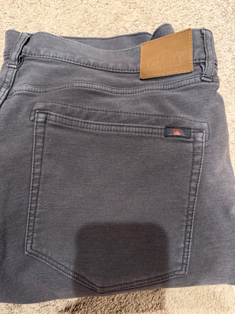 Faherty Men's Charcoal Gray Relaxed Jeans with Tan Leather Patch